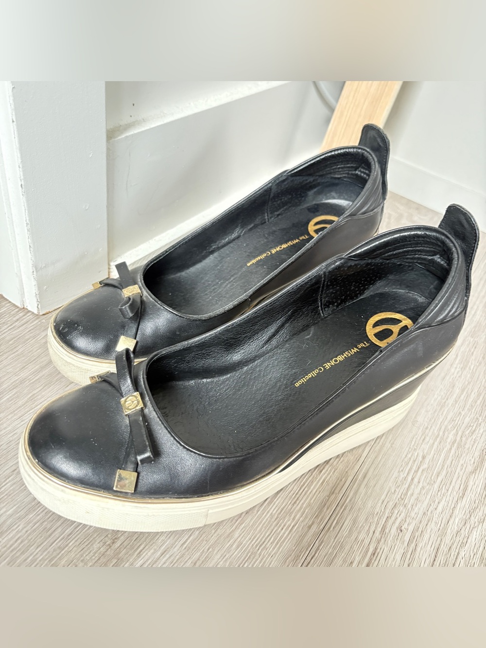 Wishbone Round Toe Wedge Leather Shoe Women's Black Platform Ballet Size 9 - Picture 14 of 15